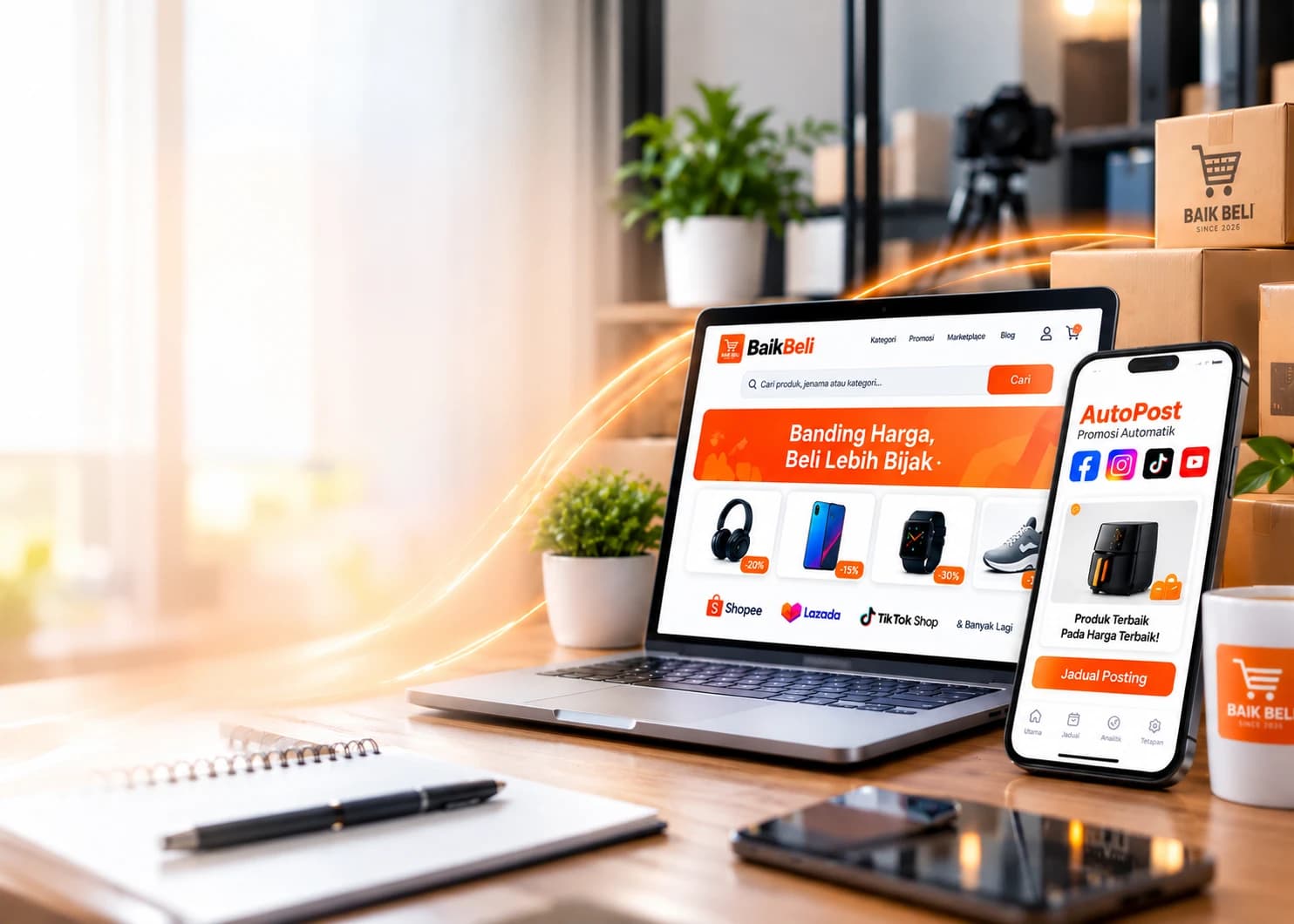 Website BaikBeli pada laptop dan AutoPost pada telefon