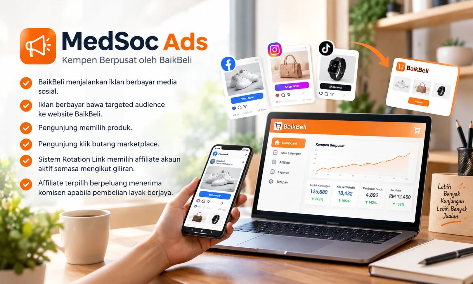 Iklan media sosial membawa pengunjung ke website BaikBeli dan marketplace